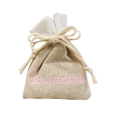 Sachet baptême brodé rose